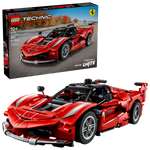 The LEGO® Technic™ Ferrari FXX K by Legos - Toyhouse is displayed in front of its box, showcasing a detailed red and white race car design with the iconic Ferrari logo.