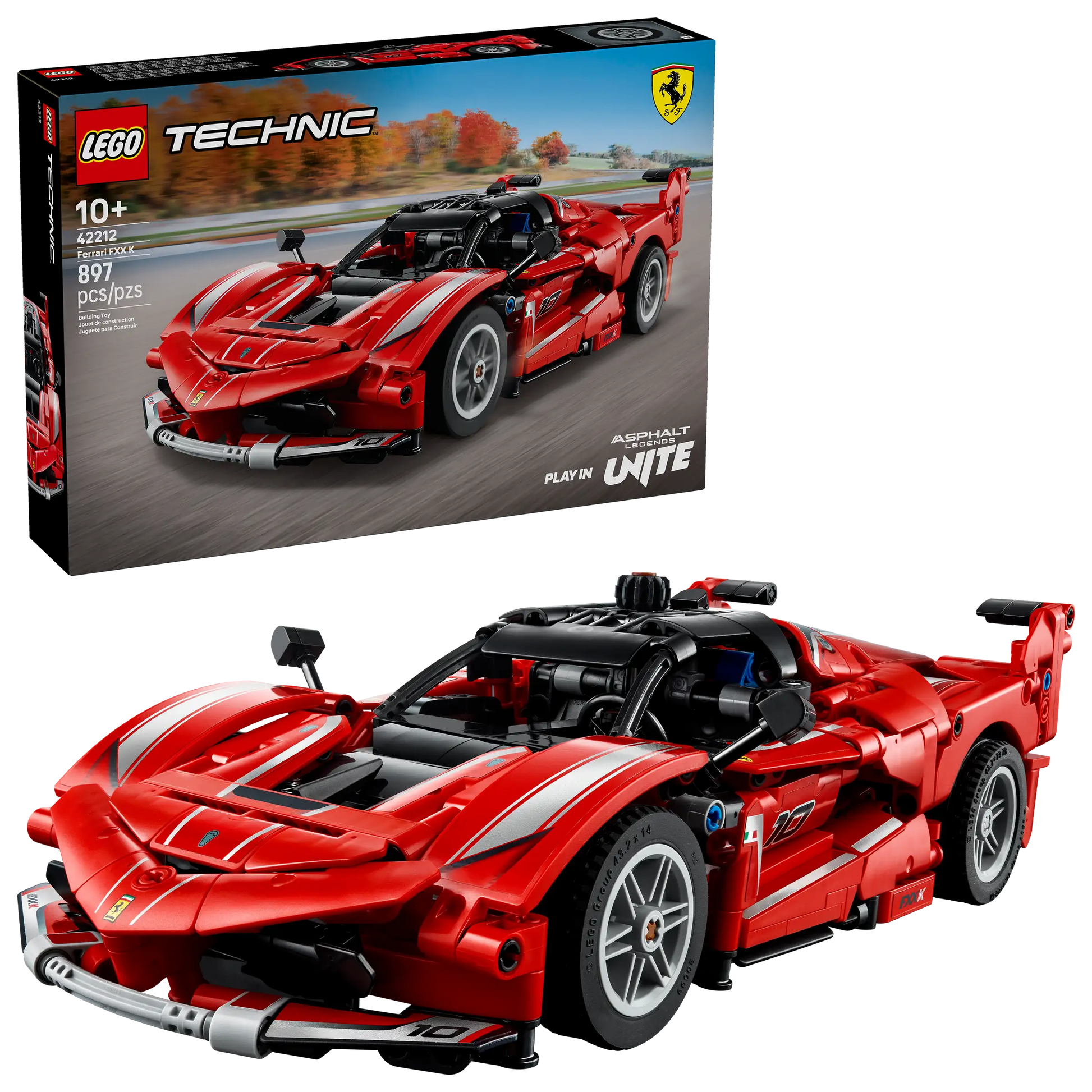 The LEGO® Technic™ Ferrari FXX K by Legos - Toyhouse is displayed in front of its box, showcasing a detailed red and white race car design with the iconic Ferrari logo.