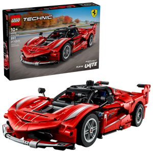 The LEGO® Technic™ Ferrari FXX K by Legos - Toyhouse is displayed in front of its box, showcasing a detailed red and white race car design with the iconic Ferrari logo.