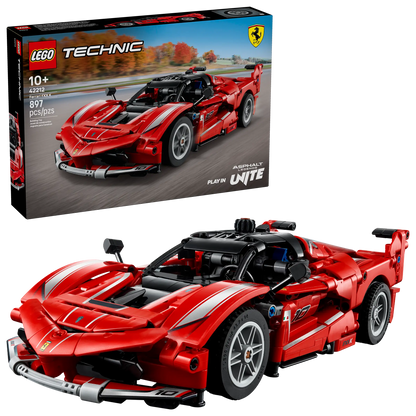 The LEGO® Technic™ Ferrari FXX K by Legos - Toyhouse is displayed in front of its box, showcasing a detailed red and white race car design with the iconic Ferrari logo.