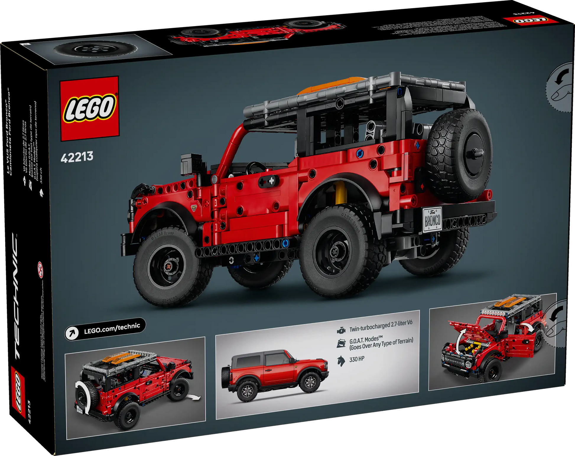 The Legos - Toyhouse LEGO® Technic™ Ford Bronco® SUV set box showcases the assembled SUV in red and black with detailed images—a great STEM toy for vehicle fans.