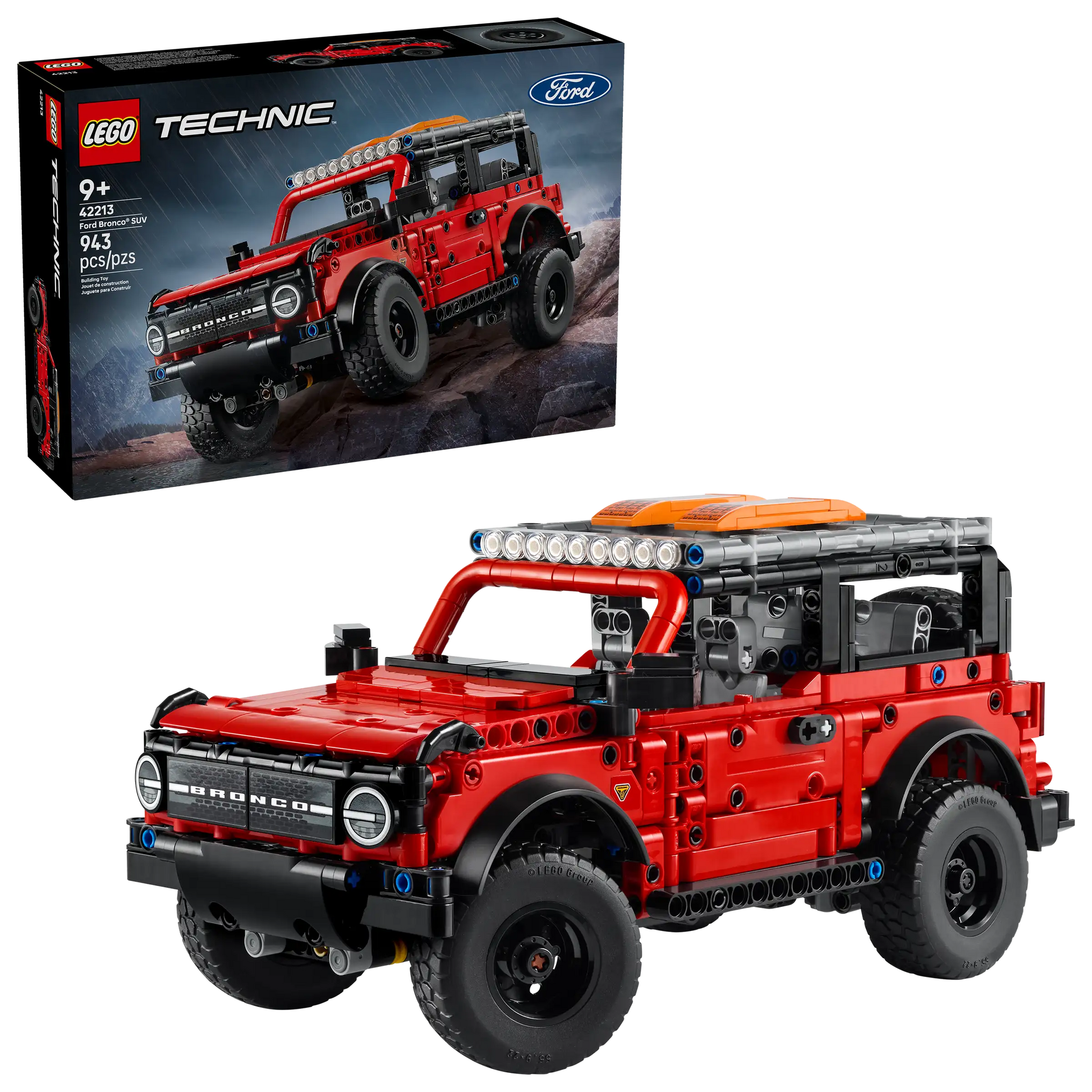 A LEGO® Technic™ Ford Bronco® SUV from Legos - Toyhouse is shown built in red below its box, featuring the same off-road vehicle—an ideal STEM building toy for aspiring young engineers.