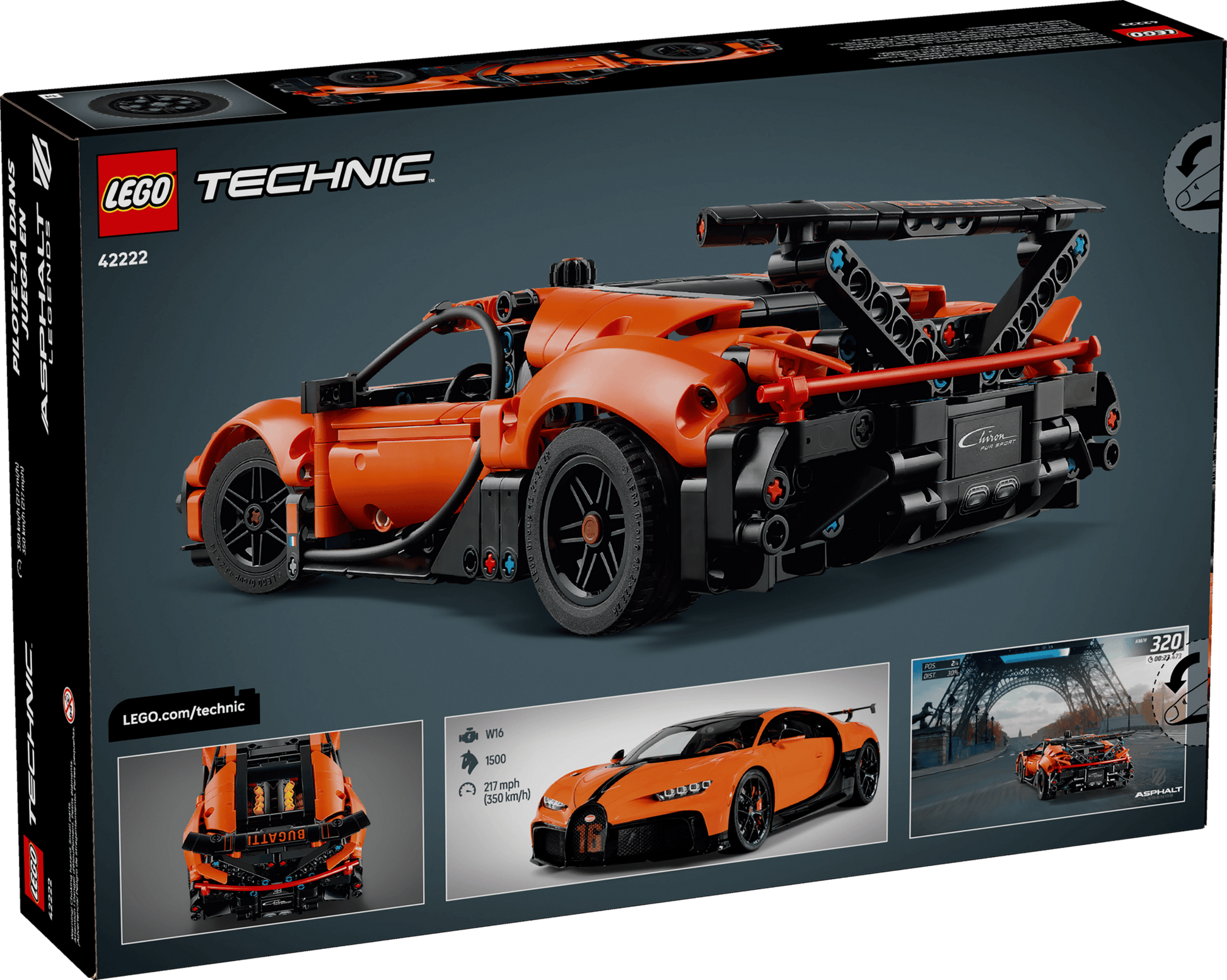 The LEGO® Technic™ Bugatti Chiron Pur Sport Hypercar box by Legos - Toyhouse features an orange hypercar with detailed rear view, set info, and real car images—ideal for car racing toy enthusiasts.