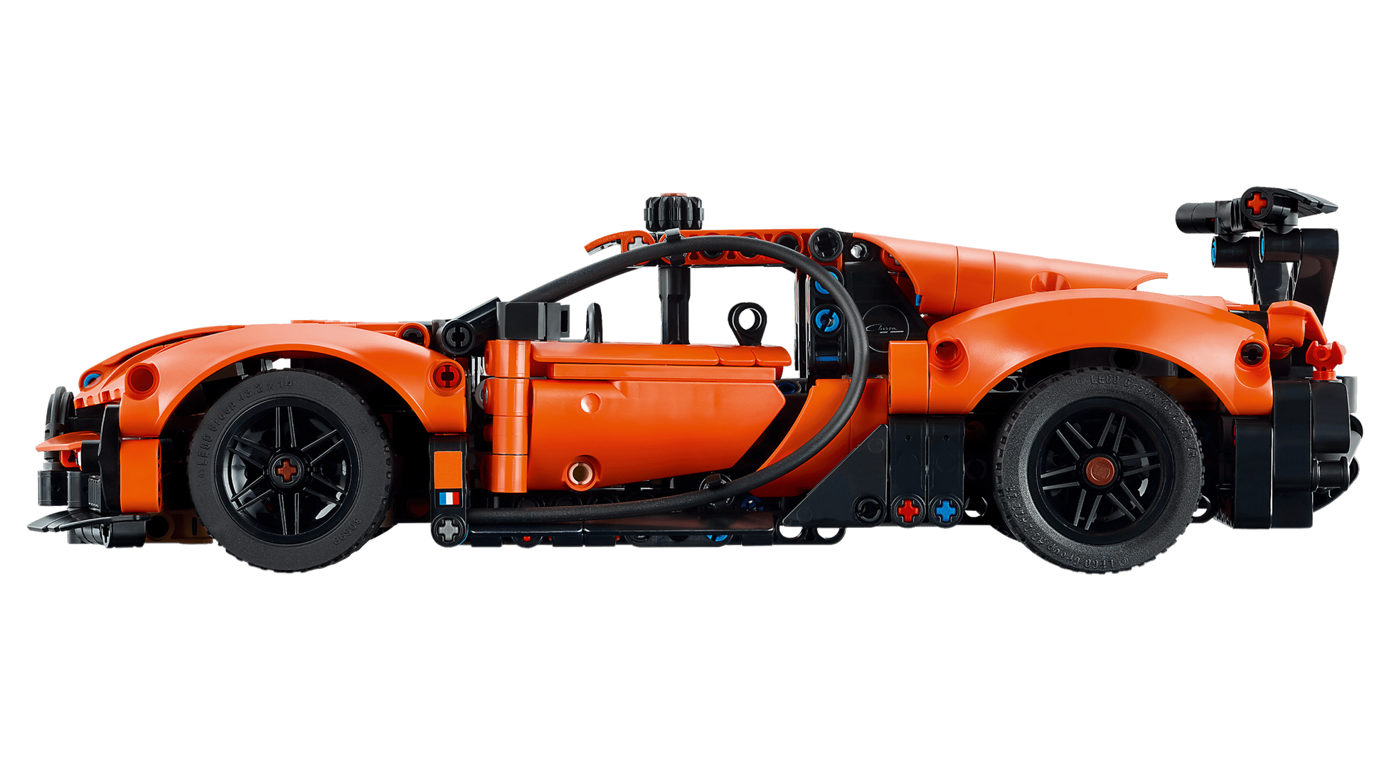 A side view of the LEGO® Technic™ Bugatti Chiron Pur Sport Hypercar by Legos - Toyhouse, featuring orange color, black wheels, and intricate details inspired by the iconic hypercar.