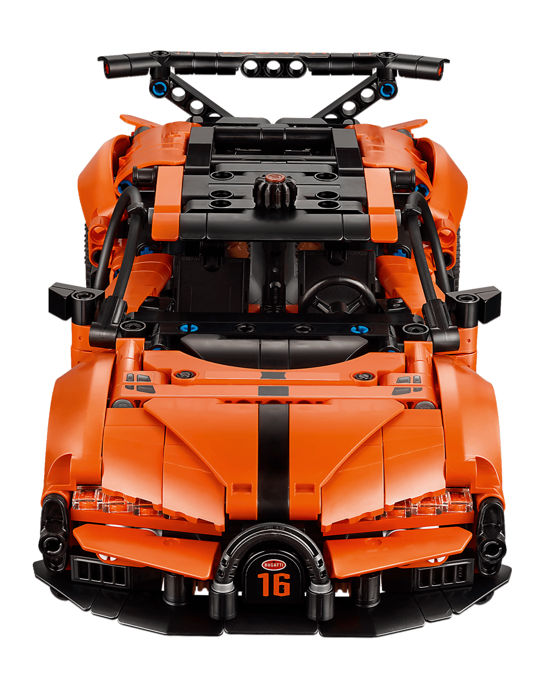 Front view of the LEGO® Technic™ Bugatti Chiron Pur Sport Hypercar by Legos - Toyhouse, featuring orange color, black accents, and a rear spoiler—ideal for car racing toy enthusiasts.