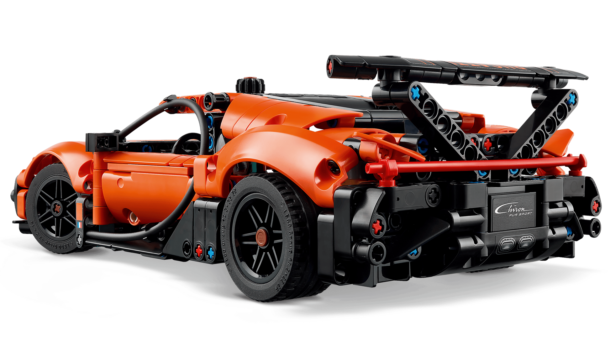 The LEGO® Technic™ Bugatti Chiron Pur Sport Hypercar by Legos - Toyhouse is shown from the rear left, highlighting its detailed spoiler, tires, and exhaust—an impressive building set for car racing toy enthusiasts.