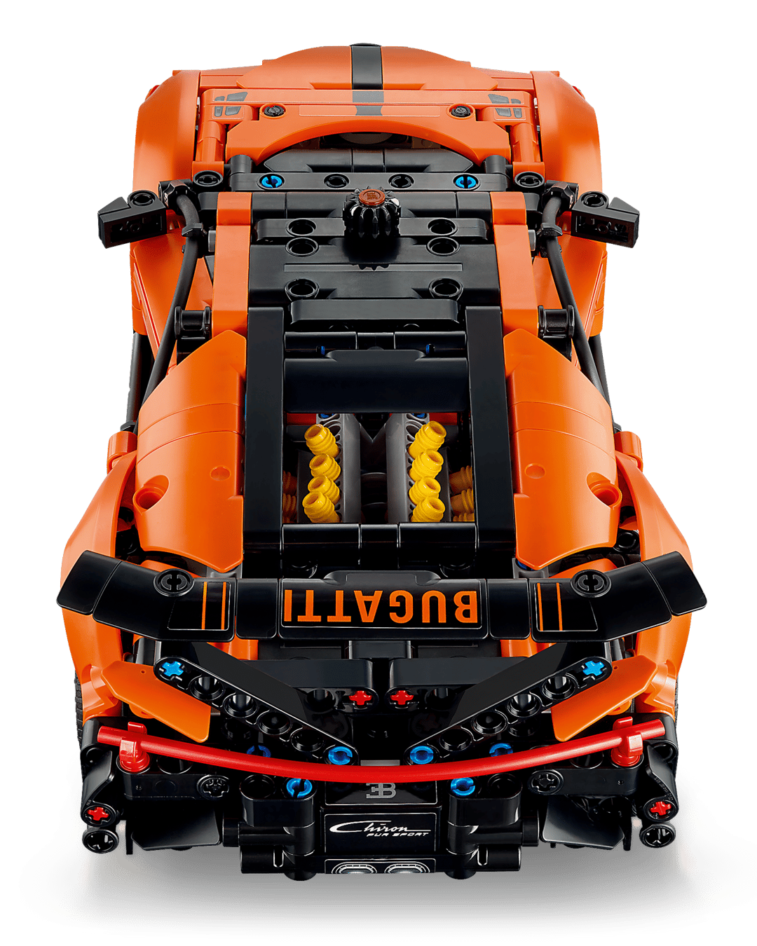 A top-down view of the LEGO® Technic™ Bugatti Chiron Pur Sport Hypercar set by Legos - Toyhouse, featuring detailed engine parts and "BUGATTI" on the rear spoiler—ideal for car racing toy fans.
