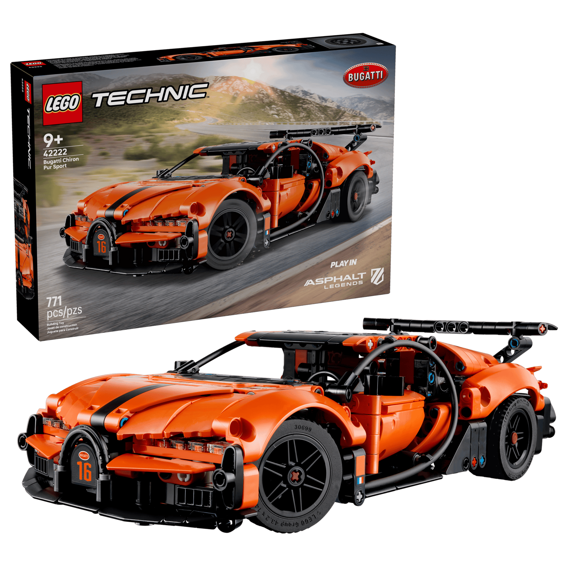 The LEGO® Technic™ Bugatti Chiron Pur Sport Hypercar by Legos - Toyhouse, for ages 9+, is shown fully assembled before its box. This detailed racing set includes 771 pieces for an exciting and rewarding build.