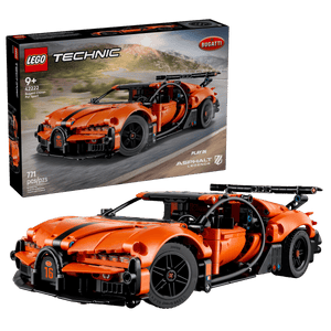 The LEGO® Technic™ Bugatti Chiron Pur Sport Hypercar by Legos - Toyhouse, for ages 9+, is shown fully assembled before its box. This detailed racing set includes 771 pieces for an exciting and rewarding build.