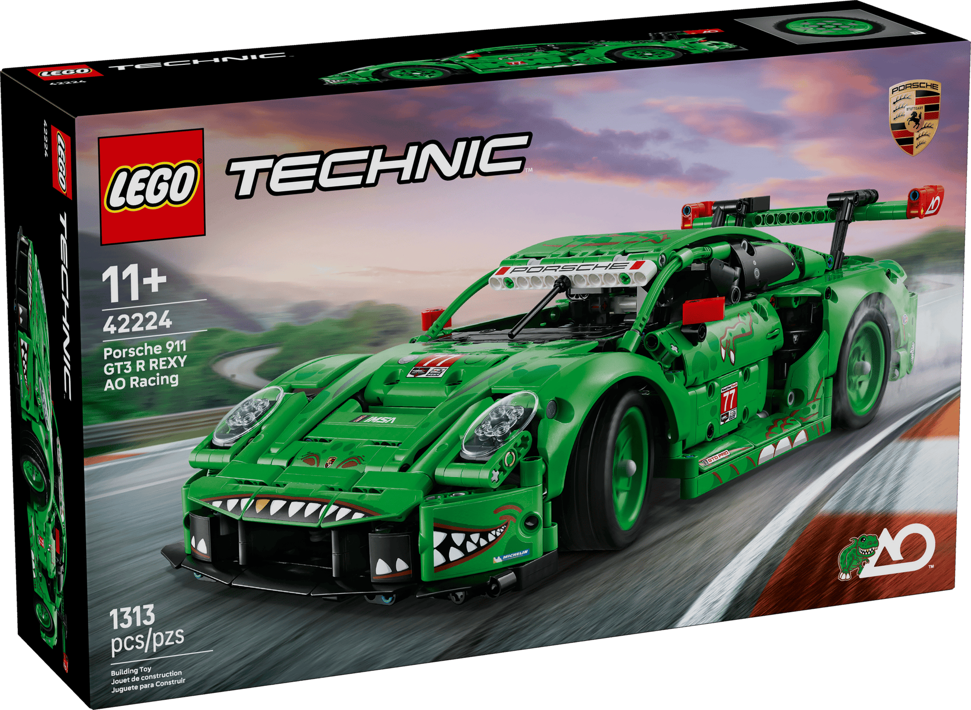 The LEGO® Technic™ Porsche 911 GT3 R REXY AO Racing Car by Legos - Toyhouse is an engineering toy for ages 11+, featuring a green race car and 1313 pieces.