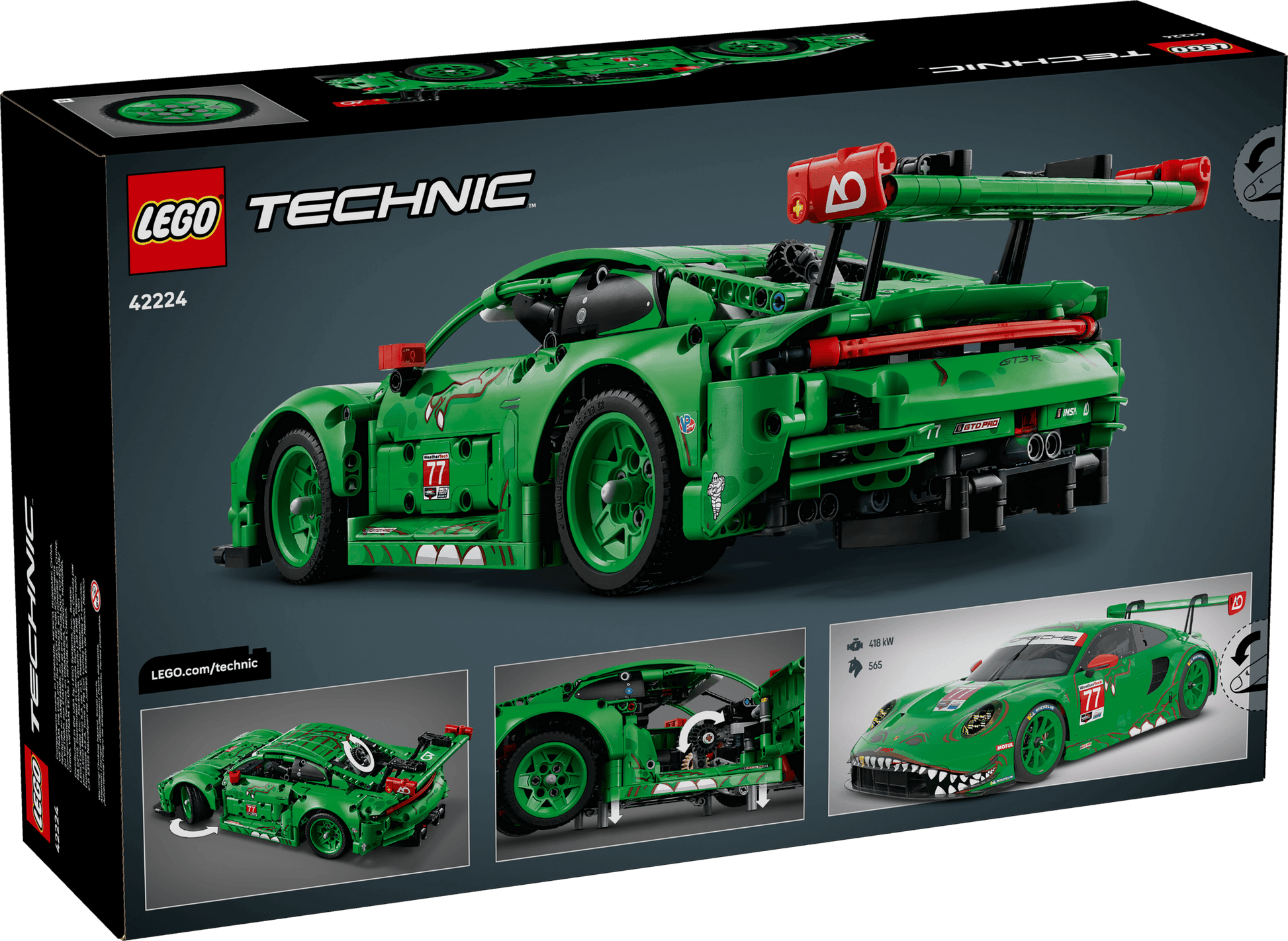 LEGO® Technic™ Porsche 911 GT3 R REXY AO Racing Car box by Legos – Toyhouse shows an exciting kids engineering toy with close-up insets and interior details of this realistic race car model.