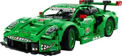 The LEGO® Technic™ Porsche 911 GT3 R REXY AO Racing Car by Legos - Toyhouse features racing stickers, detailed headlights, a rear wing, and a shark mouth dinosaur design—an ideal engineering toy for creative kids who love race cars.