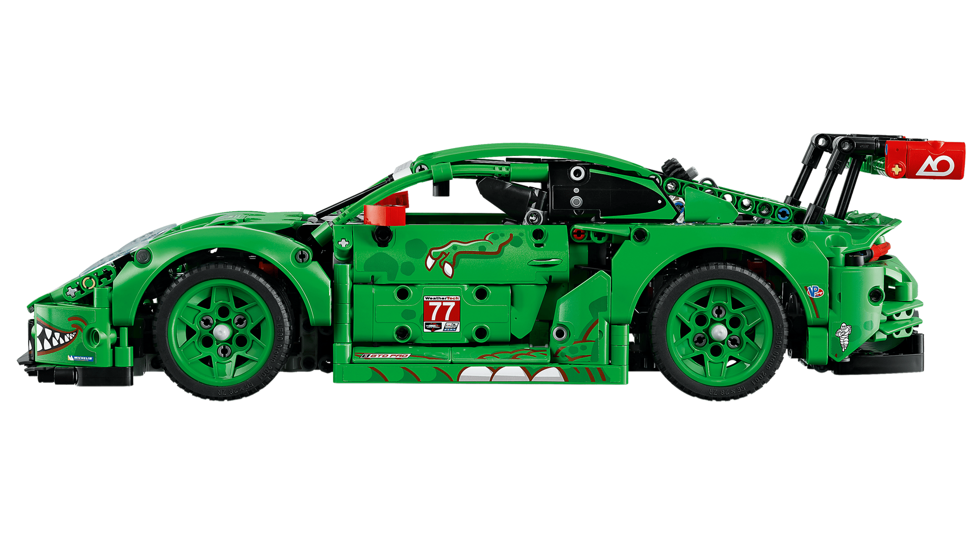 The LEGO® Technic™ Porsche 911 GT3 R REXY AO Racing Car by Legos - Toyhouse, shown side profile on a white background, features a detailed design with number 77 decal and rear spoiler for engineering toy enthusiasts.