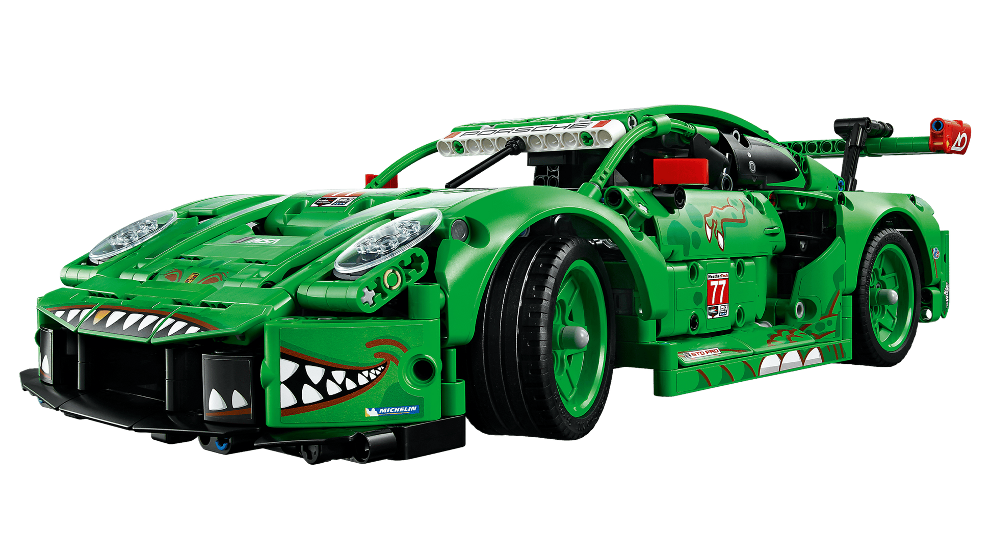 The LEGO® Technic™ Porsche 911 GT3 R REXY AO Racing Car from Legos - Toyhouse features cartoon teeth, eyes, bold decals, and a sporty design—an exciting kids’ engineering toy for imaginative play.