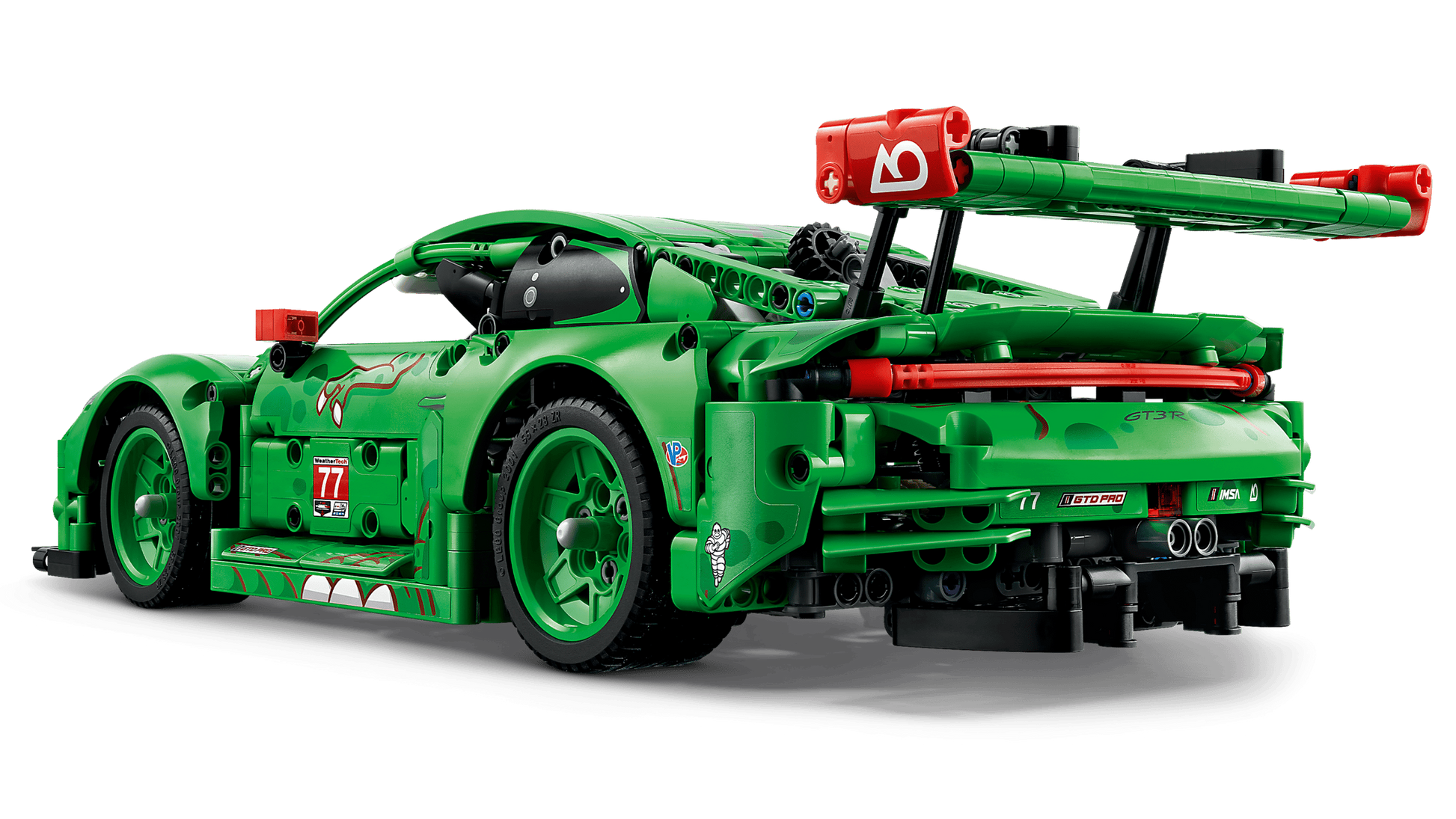 The LEGO® Technic™ Porsche 911 GT3 R REXY AO Racing Car by Legos - Toyhouse features racing decals, a large rear spoiler, realistic details, and visible gears—a thrilling kids’ engineering toy viewed from the rear left side.