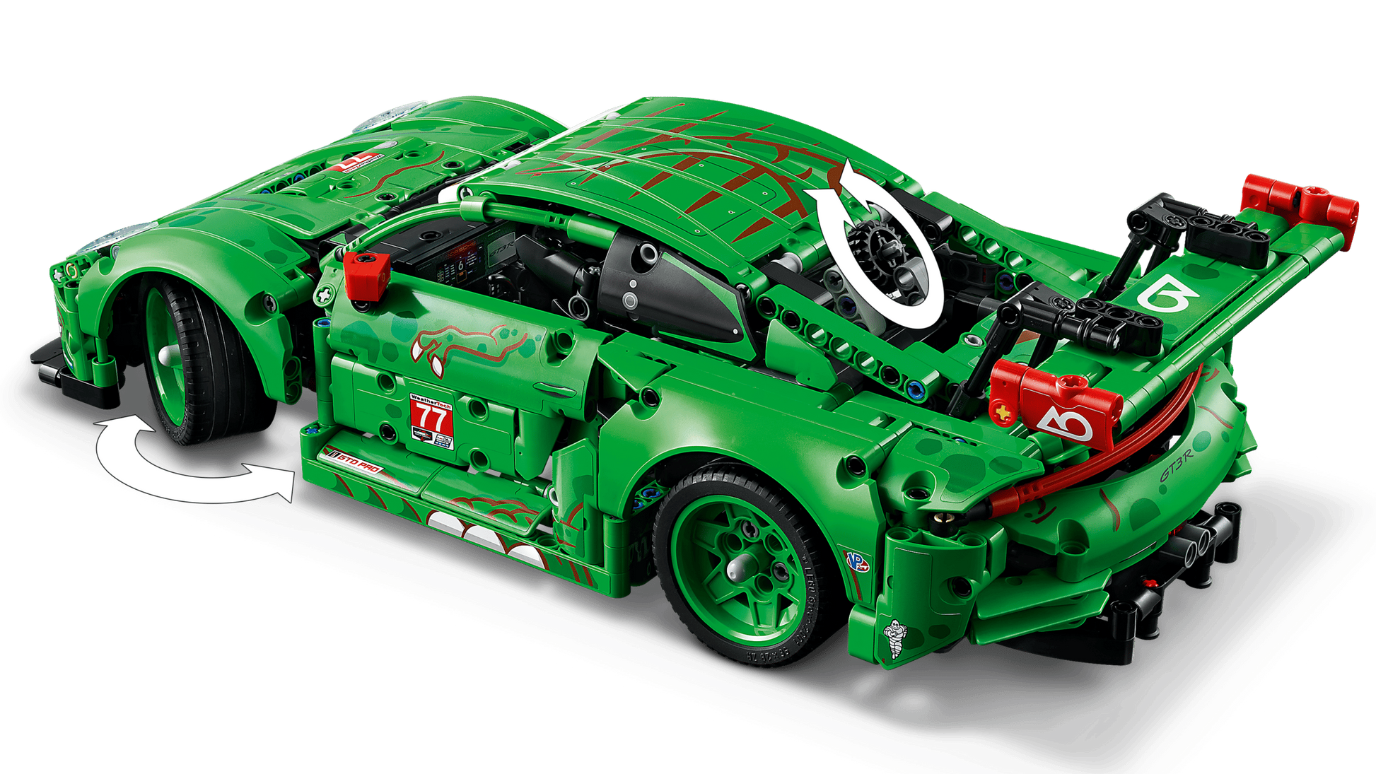 The LEGO® Technic™ Porsche 911 GT3 R REXY AO Racing Car by Legos - Toyhouse features opening doors and a rear spoiler, with arrows showing door and rear section movement, inspired by kids’ engineering toy design.