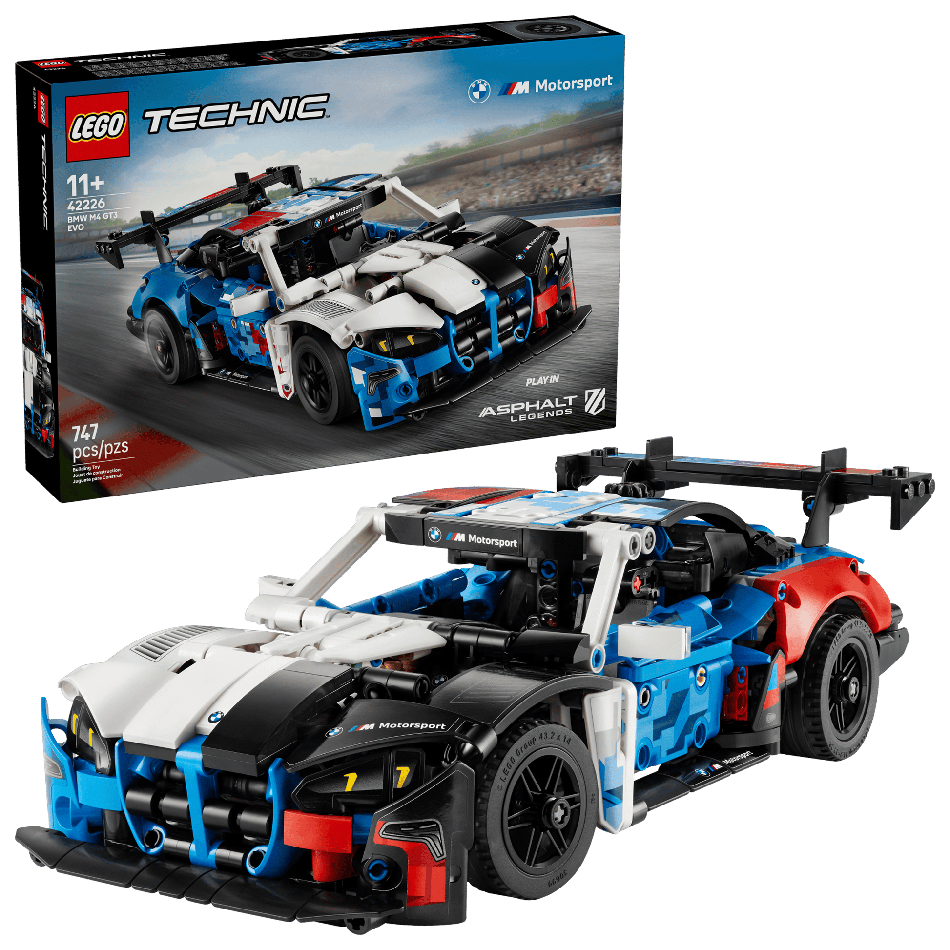 The LEGO® Technic™ BMW M4 GT3 EVO Race Car by Legos - Toyhouse is built in front of its box showing the same car and set details—ideal for fans who enjoy STEM building toys.