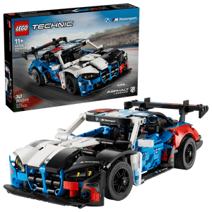 The LEGO® Technic™ BMW M4 GT3 EVO Race Car by Legos - Toyhouse is built in front of its box showing the same car and set details—ideal for fans who enjoy STEM building toys.