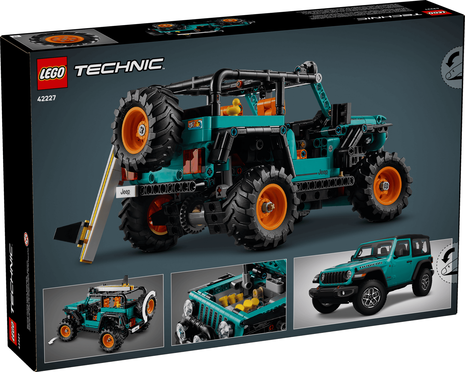 Legos - Toyhouse LEGO® Technic™ Jeep® Wrangler Rubicon SUV box shows the teal and orange model, detailed close-ups, and a real Jeep Wrangler for comparison.