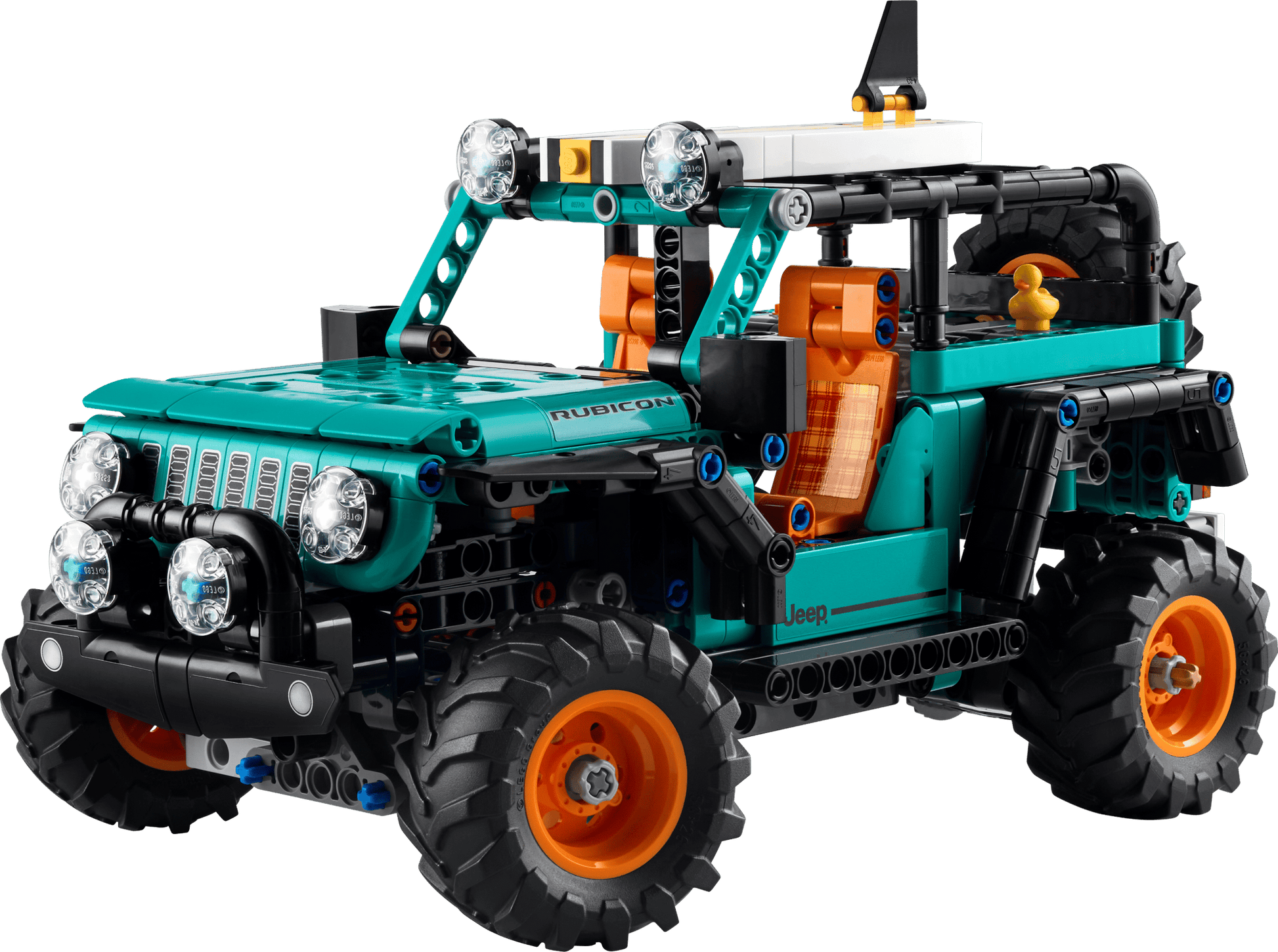 The LEGO® Technic™ Jeep® Wrangler Rubicon SUV by Legos - Toyhouse features teal and orange parts, large off-road tires, and working front and roof lights—ideal for engineering toy enthusiasts.