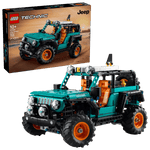 The LEGO® Technic™ Jeep® Wrangler Rubicon SUV by Legos - Toyhouse is shown fully assembled before its box, with 723 pieces and recommended for ages 10+, making it ideal for engineering toy fans.