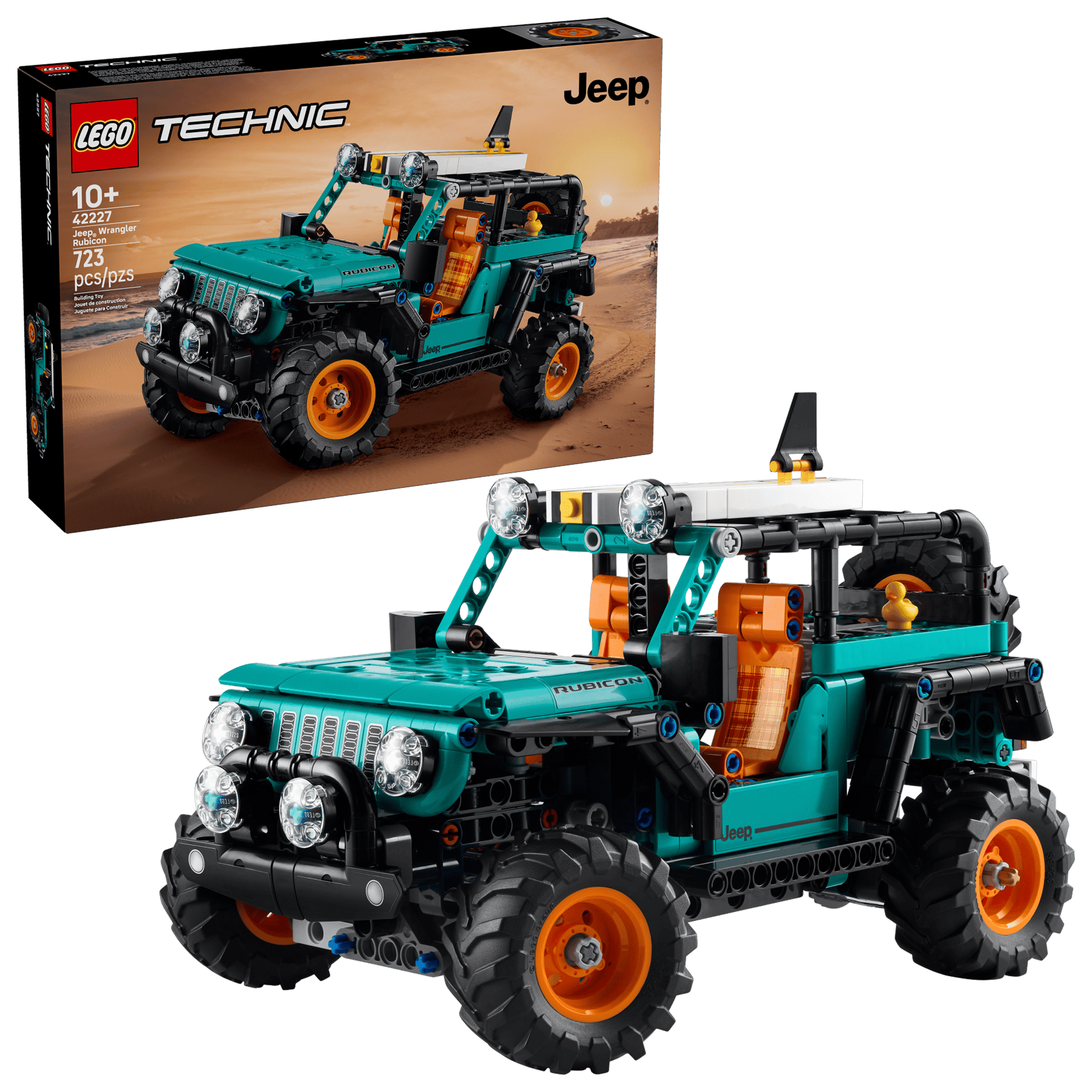 The LEGO® Technic™ Jeep® Wrangler Rubicon SUV by Legos - Toyhouse is shown fully assembled before its box, with 723 pieces and recommended for ages 10+, making it ideal for engineering toy fans.