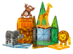 Four safari animals—a monkey, giraffe, elephant, and lion—stand among colorful magnetic shapes from the Magnatiles Safari Animals 25-Piece Set arranged in fun patterns.