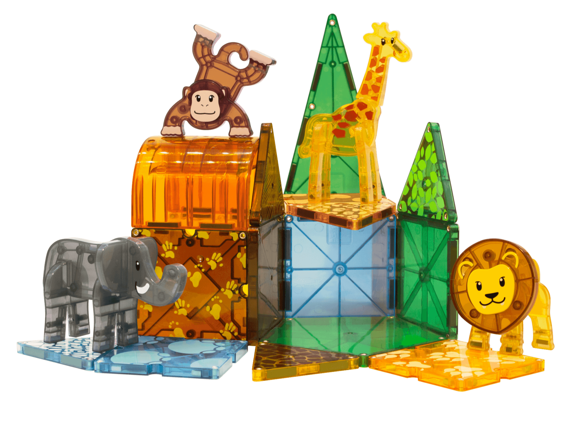 Four safari animals—a monkey, giraffe, elephant, and lion—stand among colorful magnetic shapes from the Magnatiles Safari Animals 25-Piece Set arranged in fun patterns.