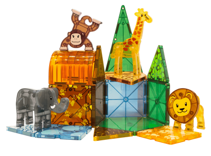 Four safari animals—a monkey, giraffe, elephant, and lion—stand among colorful magnetic shapes from the Magnatiles Safari Animals 25-Piece Set arranged in fun patterns.