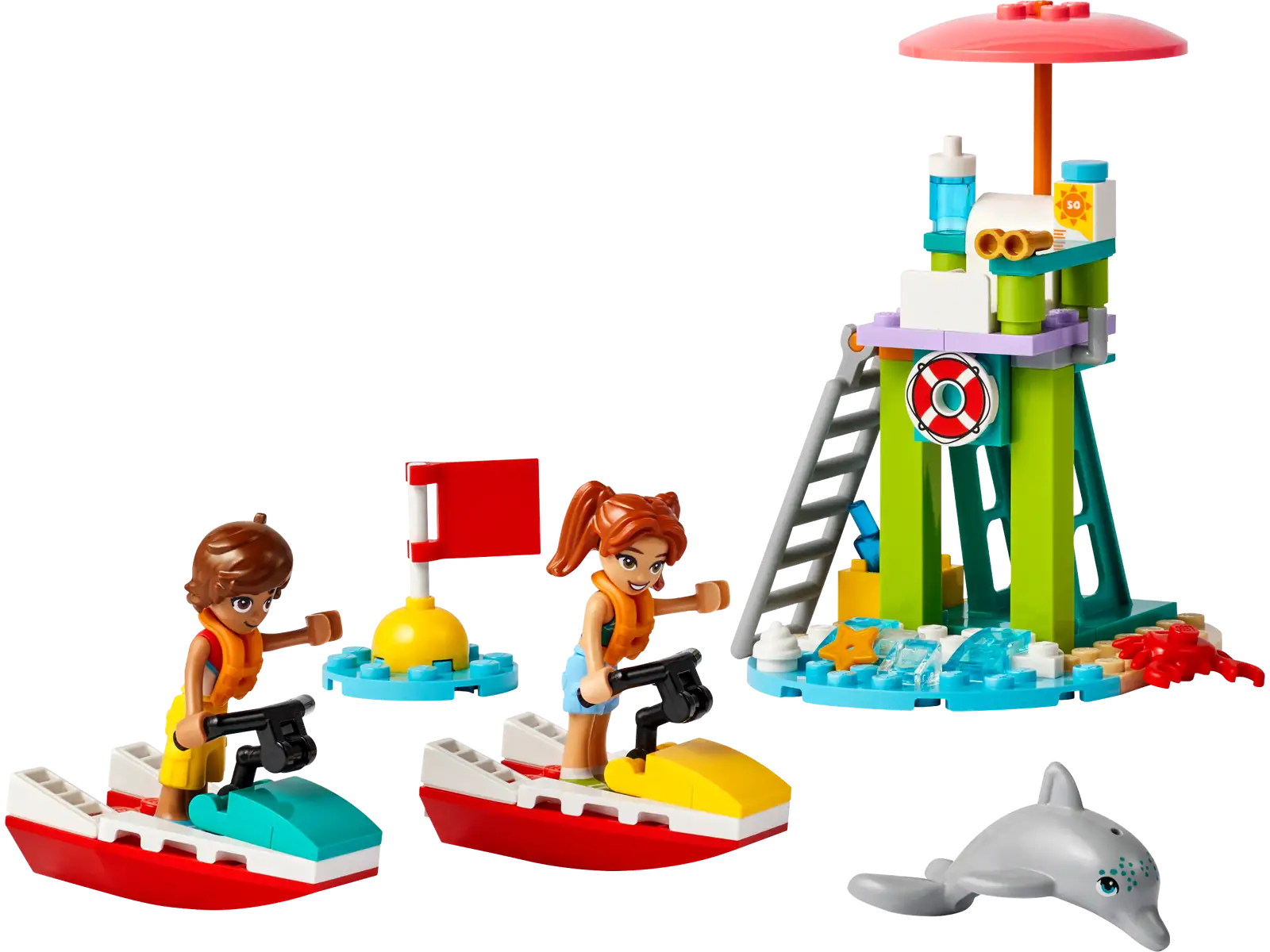 Experience endless imaginative adventures with the LEGO® Friends Beach Water Scooter set by Legos - Toyhouse! It includes two figures on water scooters, a lifeguard tower with ladder, playful dolphin, flag buoy, and various accessories for fun.