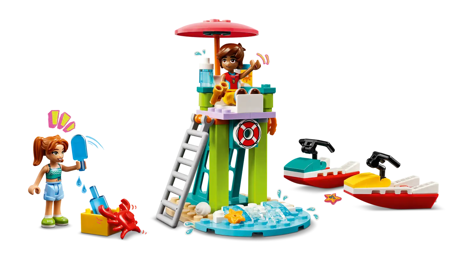 The LEGO® Friends Beach Water Scooter set from Legos - Toyhouse includes a lifeguard tower with a figure using binoculars, a crab, and a boat. Another figure is near a sandcastle with a spade and lifebuoy as the water scooter zooms past under an umbrella.