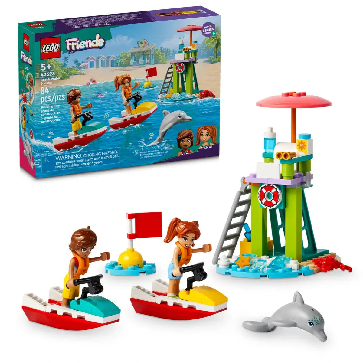 The LEGO® Friends Beach Water Scooter set by Legos - Toyhouse features a beach scene with water scooters, a lifeguard tower, a dolphin figure, and two toy characters. The packaging highlights the exciting details of this lifeguard adventure.