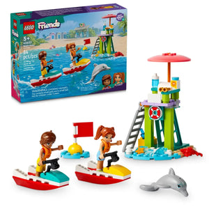The LEGO® Friends Beach Water Scooter set by Legos - Toyhouse features a beach scene with water scooters, a lifeguard tower, a dolphin figure, and two toy characters. The packaging highlights the exciting details of this lifeguard adventure.