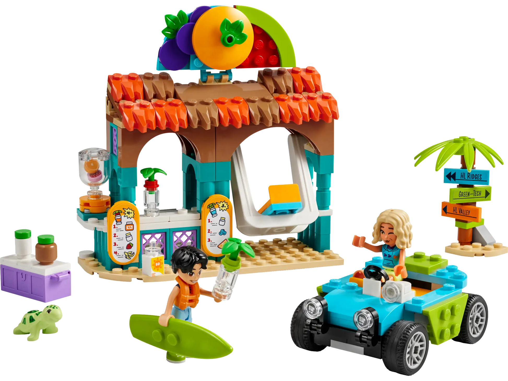 The LEGO® Friends Beach Smoothie Stand by Legos - Toyhouse includes a lively juice bar with play food accessories, two figures, a delightful small blue car, and an adorable turtle. Build your own Beach Smoothie Stand and ignite creative seaside adventures!