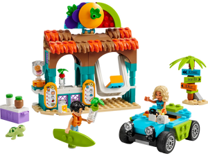 The LEGO® Friends Beach Smoothie Stand by Legos - Toyhouse includes a lively juice bar with play food accessories, two figures, a delightful small blue car, and an adorable turtle. Build your own Beach Smoothie Stand and ignite creative seaside adventures!