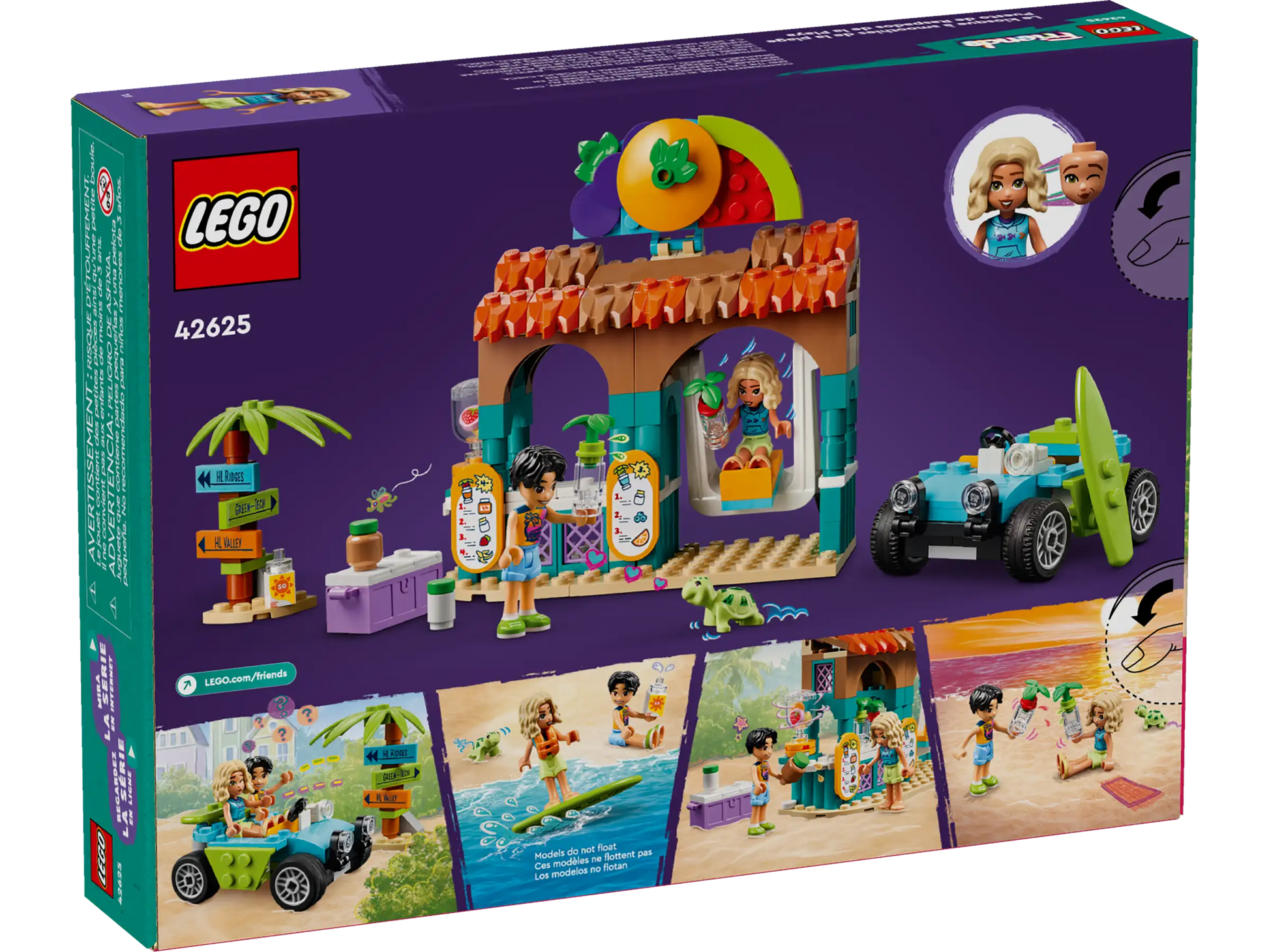 On the back of the Legos - Toyhouse LEGO® Friends Beach Smoothie Stand box, you'll find a colorful beach-themed build featuring a car, palm tree, and characters. The scene includes minifigures surfing and having fun at the Beach Smoothie Stand. This set, numbered 42625, is ideal for creative seaside play adventures.