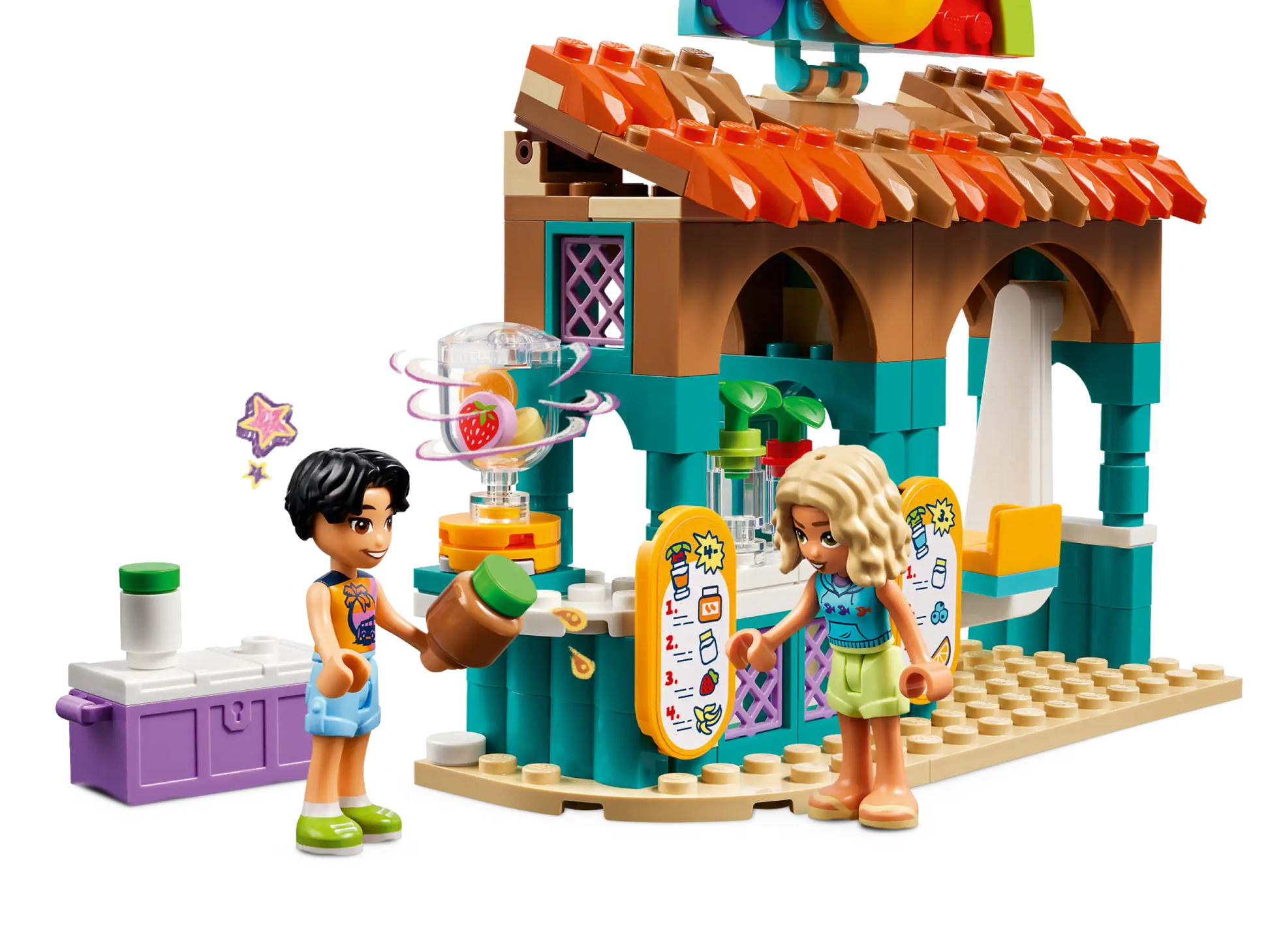 Two toy figures are positioned in front of the lively LEGO® Friends Beach Smoothie Stand from Legos - Toyhouse, featuring a playful food set with a blender and smoothies surrounded by colorful building blocks.