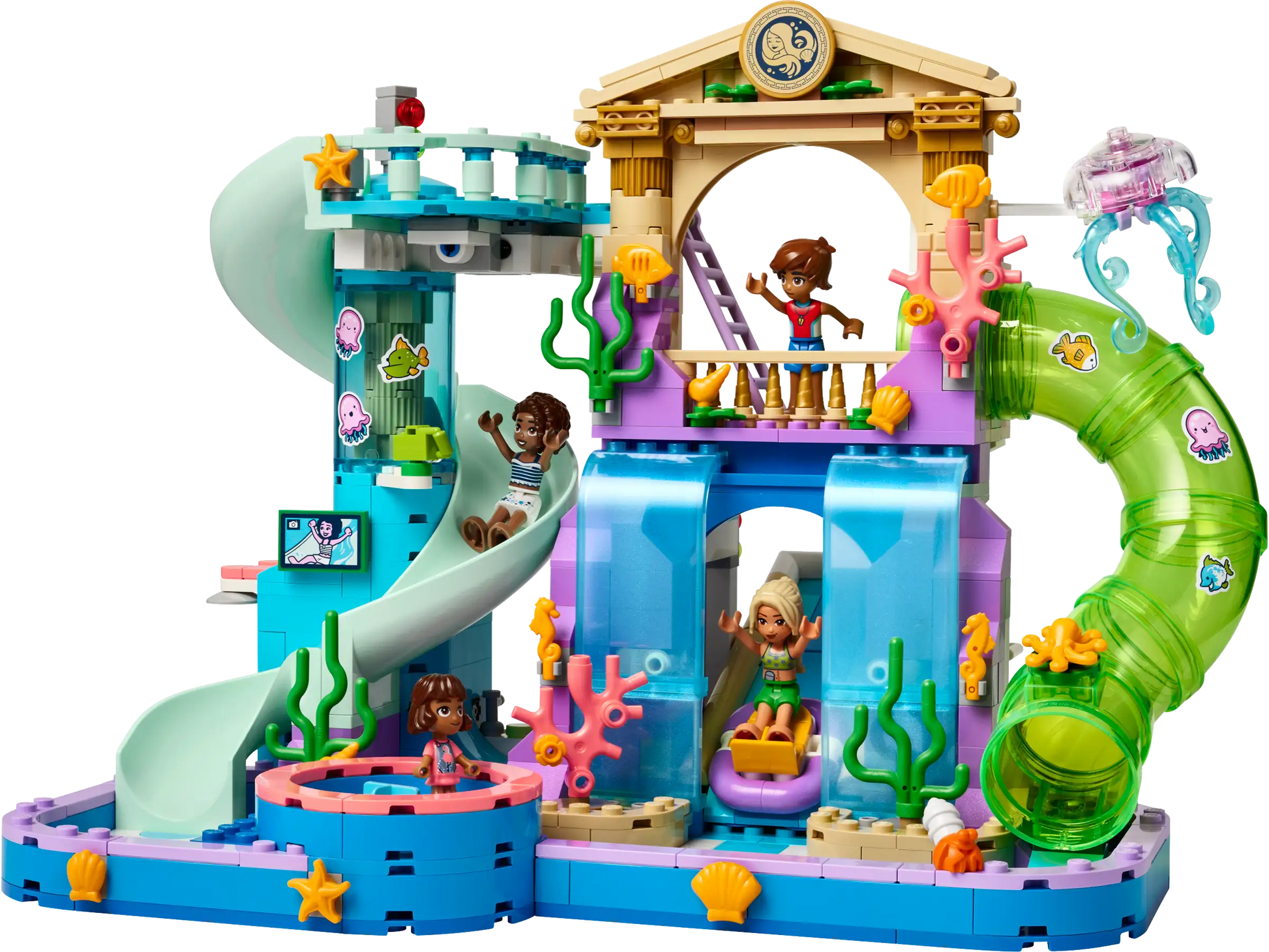 The LEGO® Friends Heartlake City Water Park by Legos - Toyhouse includes slides, water features, sea creatures, and four mini-figures for endless kids’ role-play fun in a colorful set.