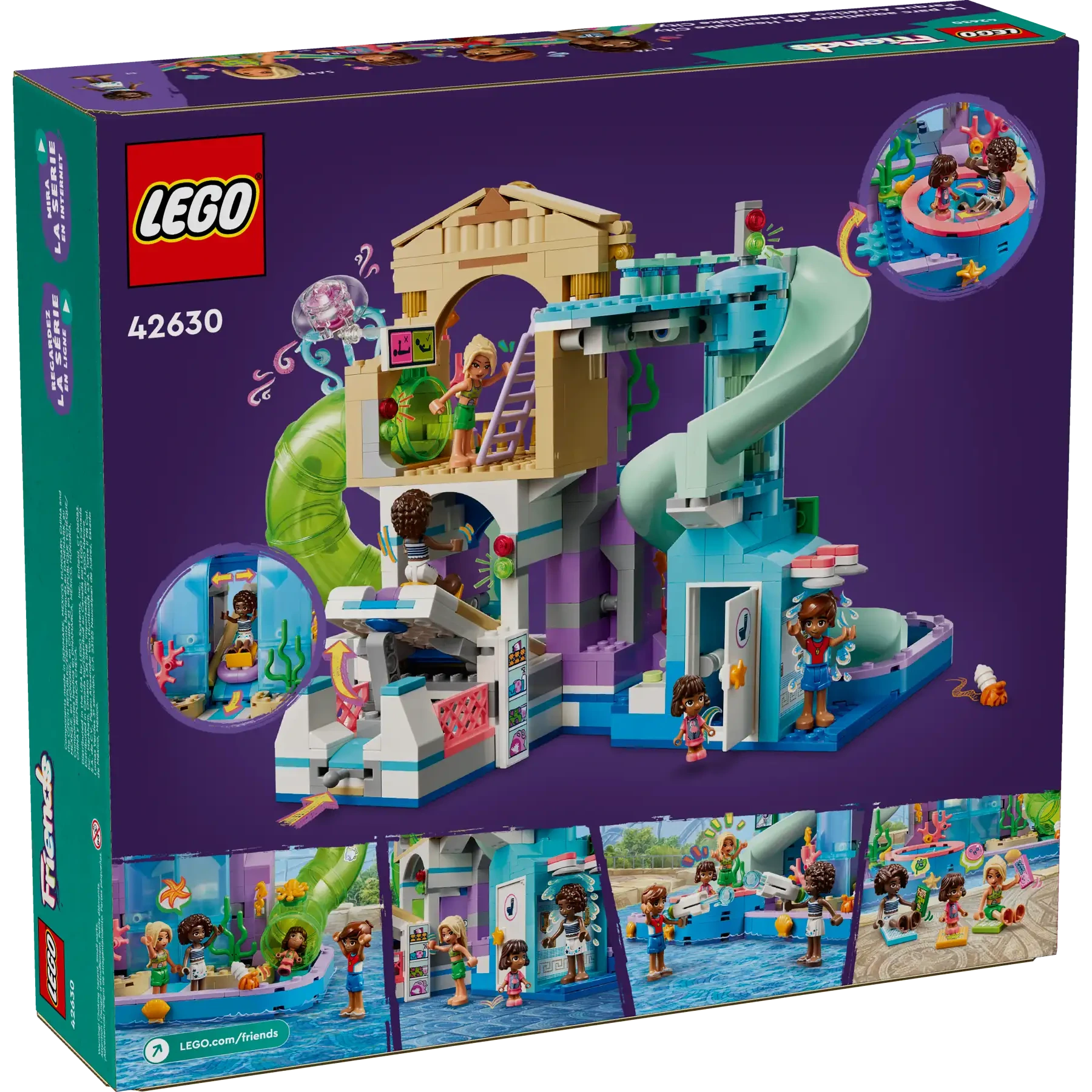Back of Legos - Toyhouse LEGO® Friends Heartlake City Water Park box displays the water park playset with slide, pool, figures, and accessories; close-up images show fun kids’ role-play toy features at the bottom.