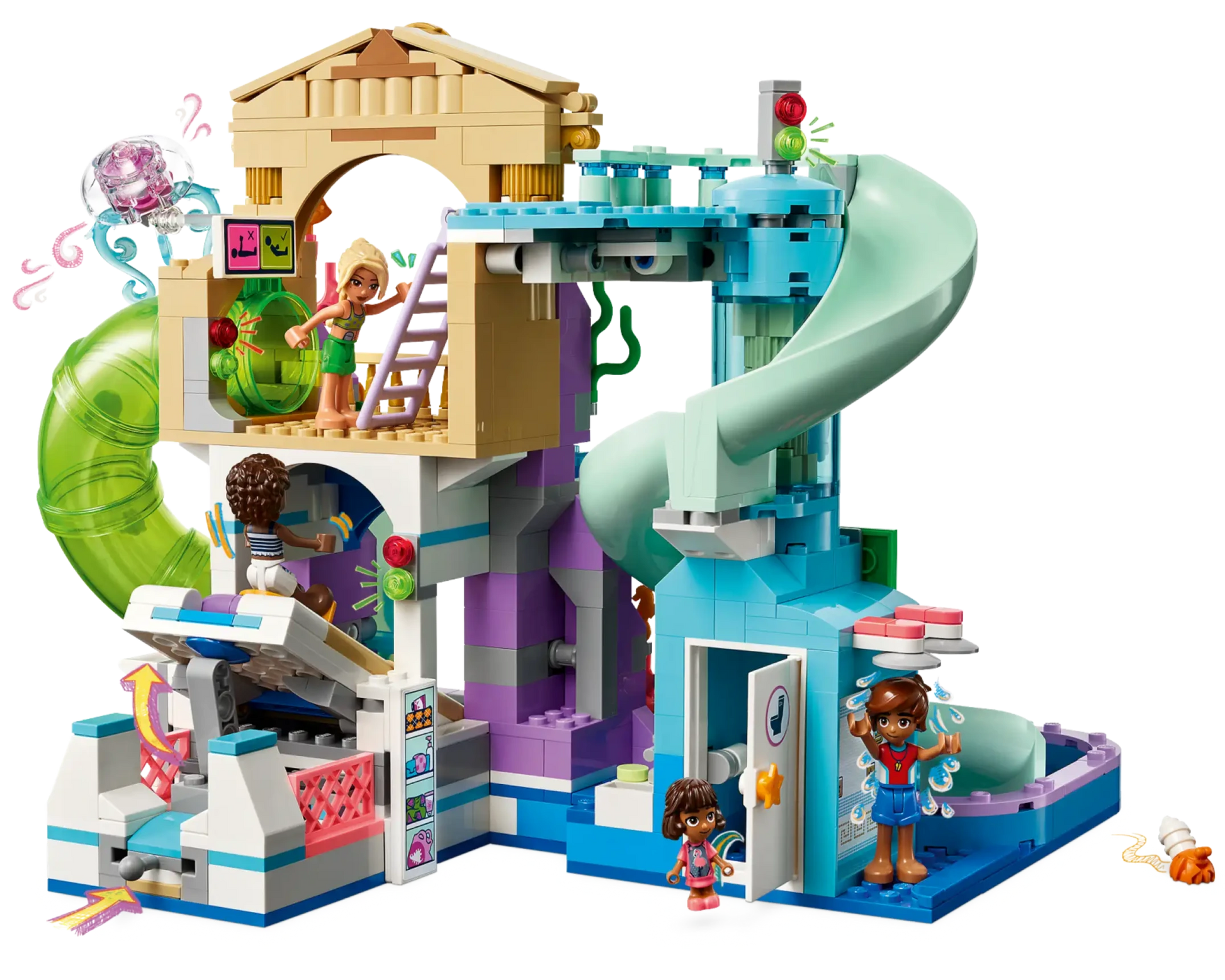 The LEGO® Friends Heartlake City Water Park by Legos - Toyhouse features a slide, various rooms, four mini-figures, a spiral slide, and a transparent green tunnel—perfect for kids’ imaginative water park role-play.