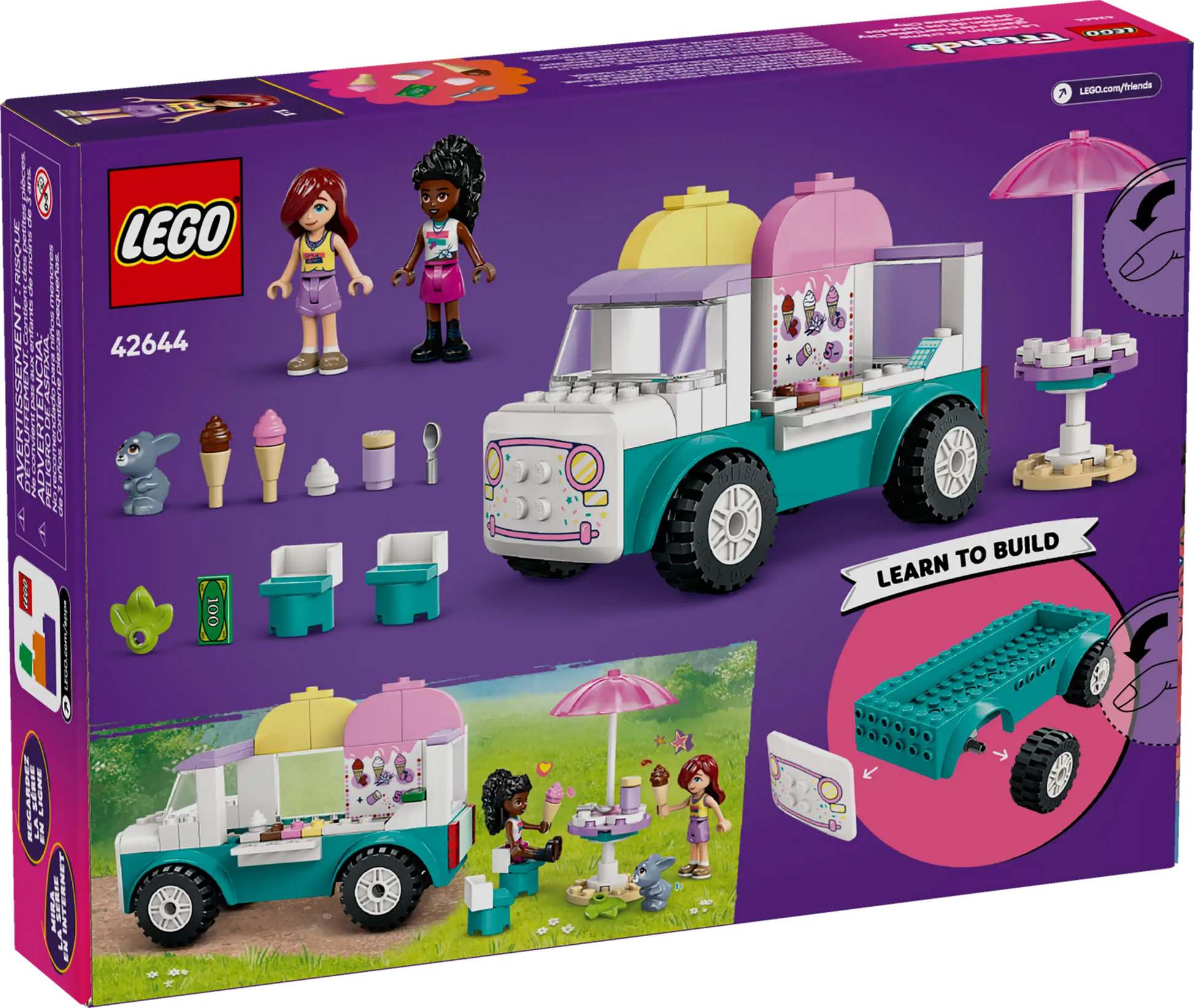 The LEGO® Friends Heartlake City Ice Cream Truck by Legos - Toyhouse includes a buildable ice cream truck, two minifigures, accessories, assembly instructions, and illustrated pretend play scenarios on the box.