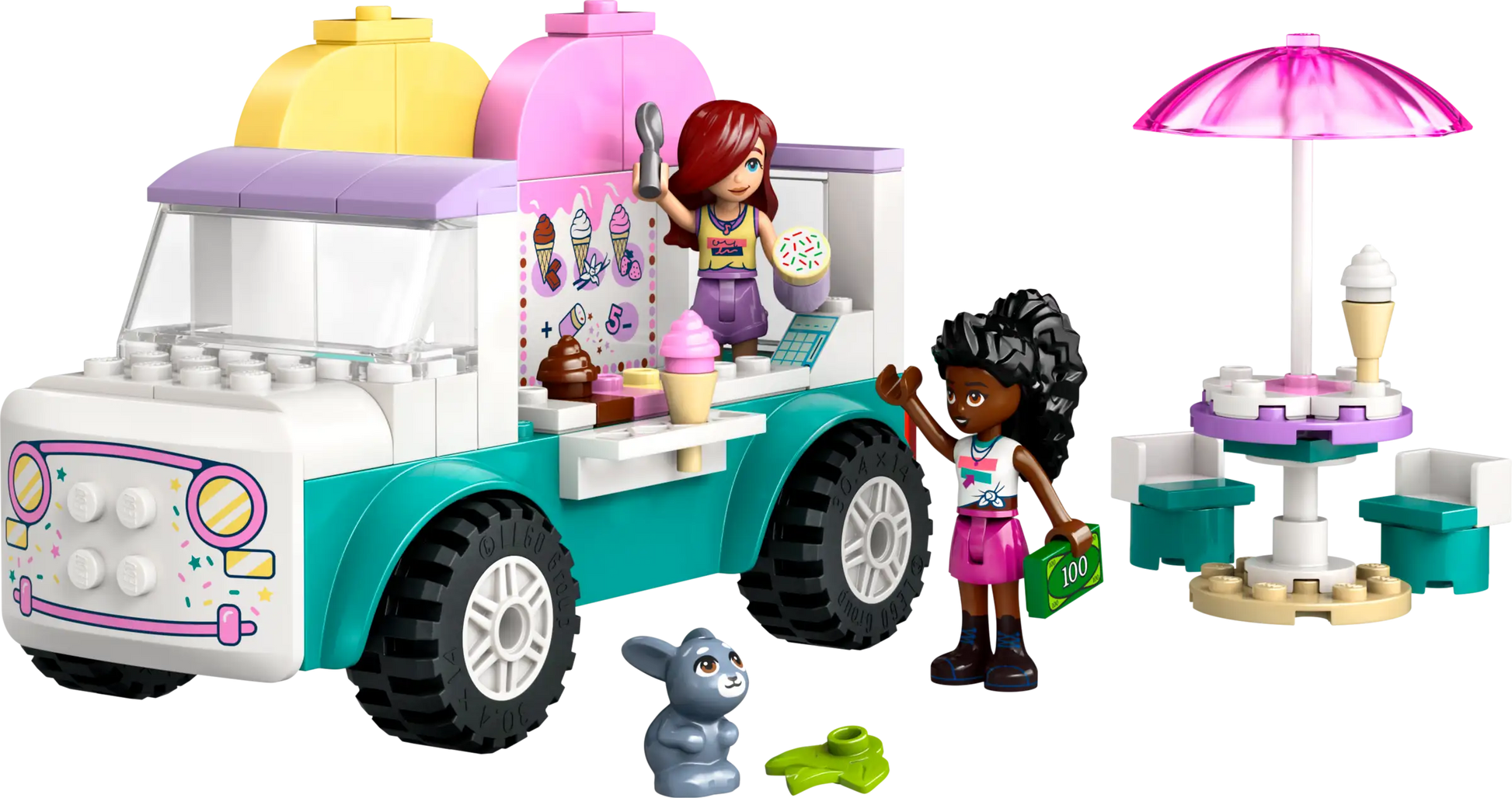 The LEGO® Friends Heartlake City Ice Cream Truck by Legos - Toyhouse includes two girl figurines, a rabbit, outdoor table with chairs and umbrella, plus ice cream accessories for creative pretend play.