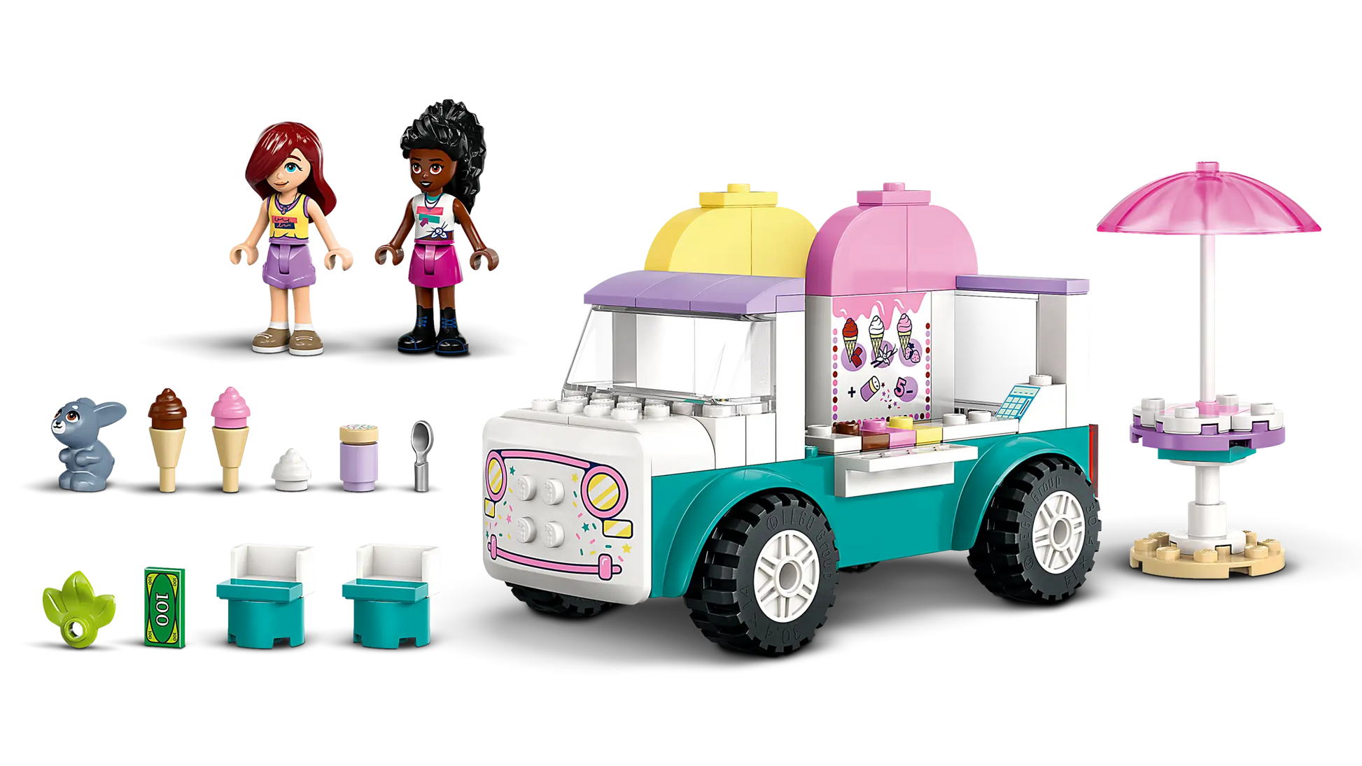 The LEGO® Friends Heartlake City Ice Cream Truck by Legos - Toyhouse includes two mini-dolls, an ice cream cone stand, a small animal figure, accessories, and toy ice cream pieces for imaginative play.
