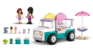 The LEGO® Friends Heartlake City Ice Cream Truck by Legos - Toyhouse includes two mini-dolls, an ice cream cone stand, a small animal figure, accessories, and toy ice cream pieces for imaginative play.