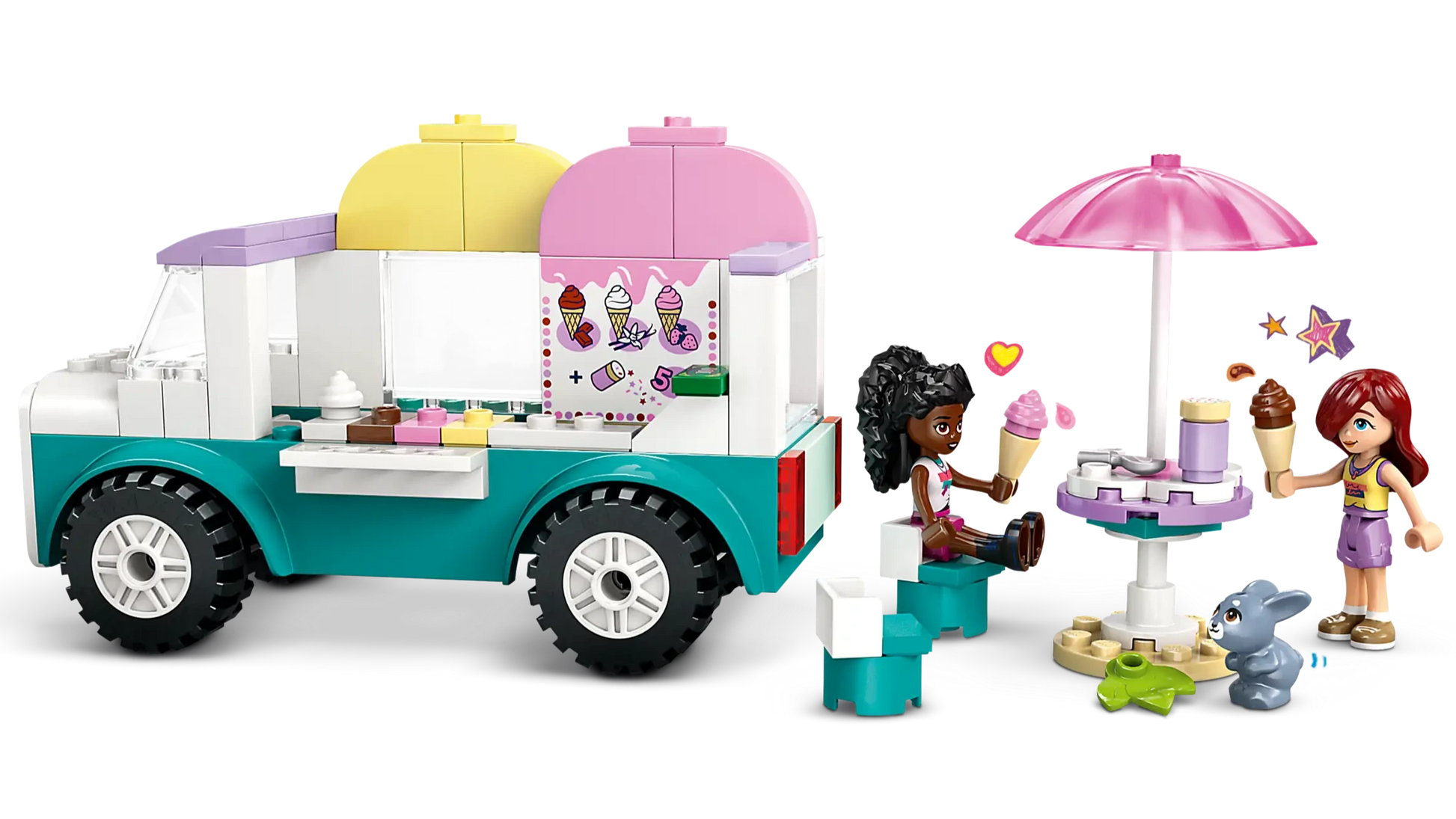 Spark creativity with the LEGO® Friends Heartlake City Ice Cream Truck by Legos - Toyhouse, featuring two mini-figures, a table with umbrella, ice cream accessories, a rabbit, and a green frog—ideal for imaginative pretend play!.