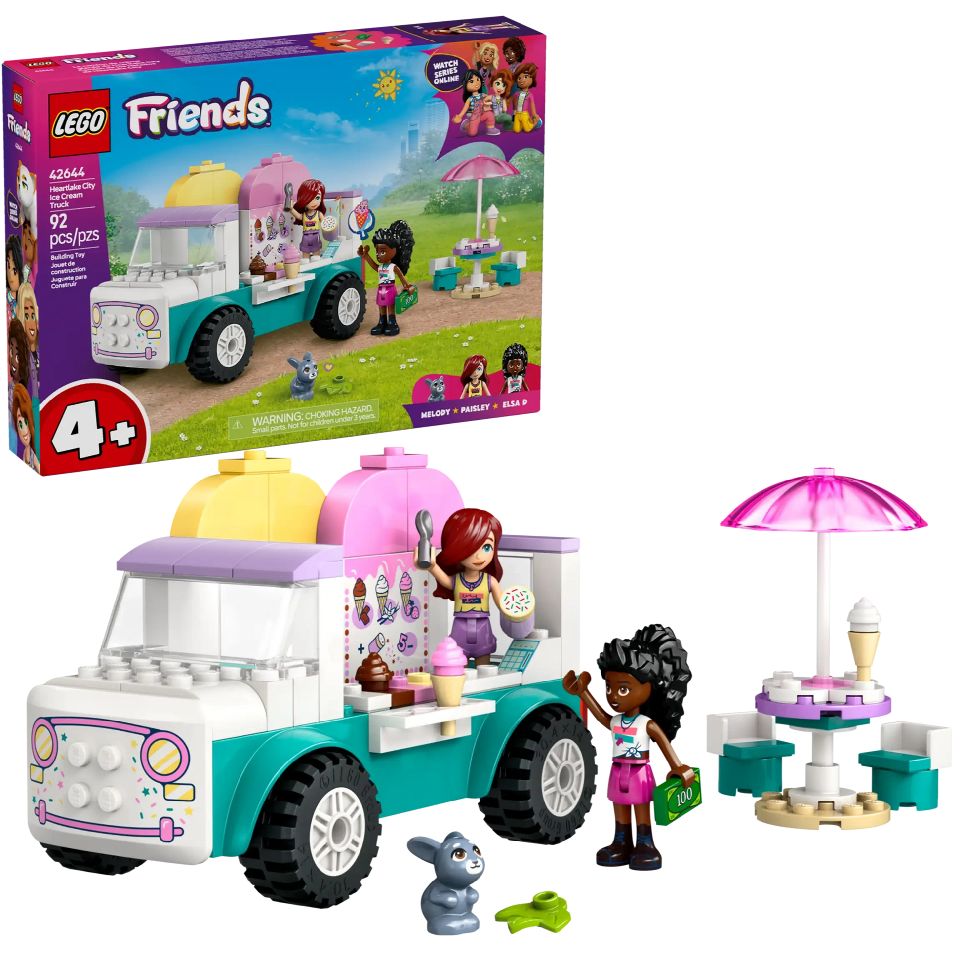 The LEGO® Friends Heartlake City Ice Cream Truck by Legos - Toyhouse is a fun building kit for kids, featuring two mini-figures, a rabbit, outdoor table, ice cream accessories, and the product box in the background.