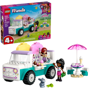 The LEGO® Friends Heartlake City Ice Cream Truck by Legos - Toyhouse is a fun building kit for kids, featuring two mini-figures, a rabbit, outdoor table, ice cream accessories, and the product box in the background.