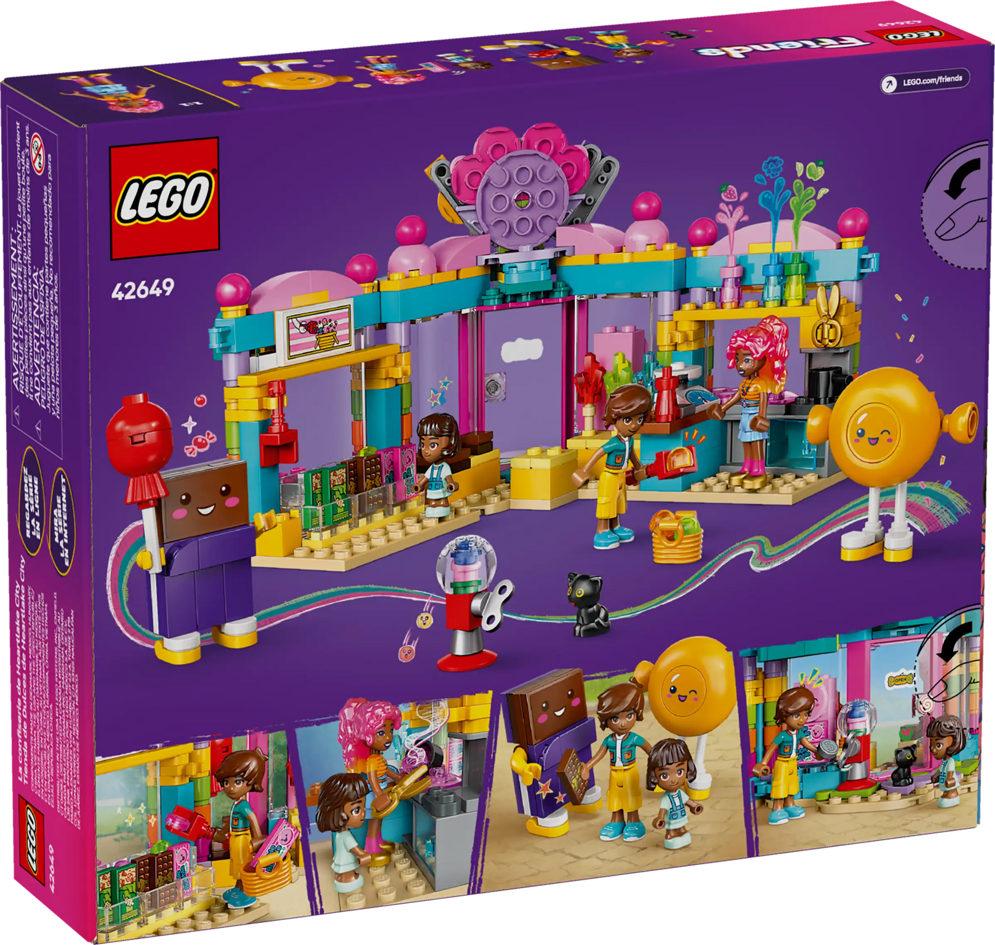 Back of the LEGO® Friends Heartlake City Candy Store by Legos - Toyhouse shows a vibrant pretend-play shop with characters, toy accessories, and fun interior scenes, plus extra mini action scenes at the bottom.