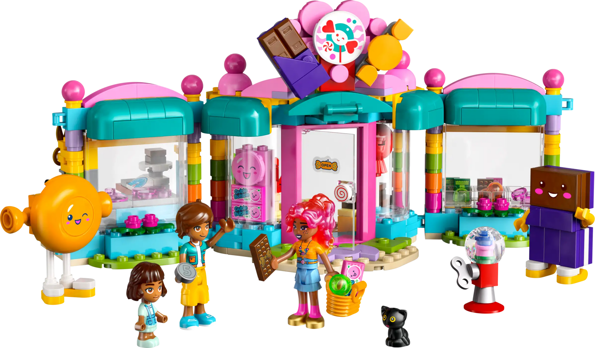 The LEGO® Friends Heartlake City Candy Store by Legos - Toyhouse includes three figures, a cat, candy and chocolate mascots, and candy accessories for colorful pretend play.