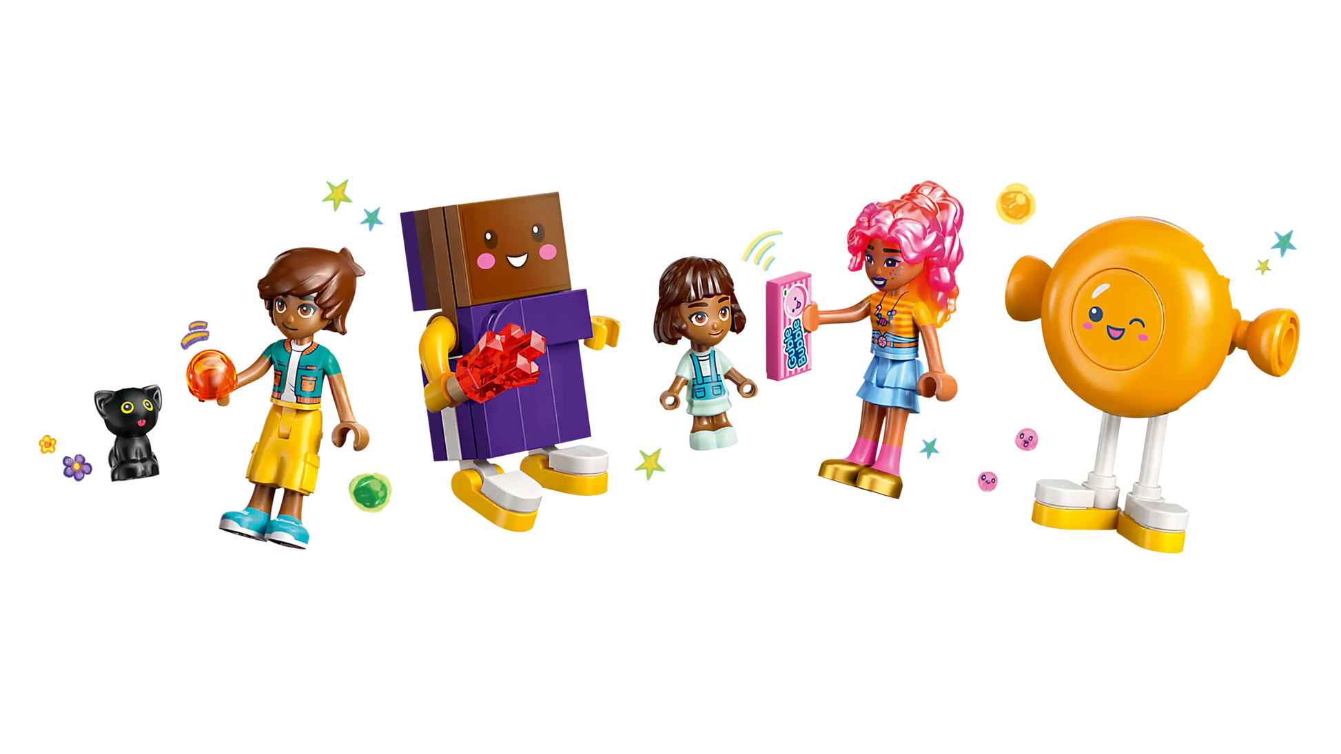 Five LEGO Friends Heartlake City Candy Store figures from Legos - Toyhouse, including a cat, a square, and three accessorized human-like characters, are displayed together—great for pretend play or enhancing your toy shop collection.